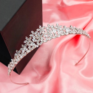 Bridal Tiara Pretty Poppy Royal Wedding Design With 3A Cubic Zirconia Simulated Diamonds Rhodium Plated