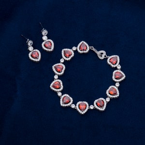 New Luxury Pretty Woman Opera Necklace & Drop Earrings Reproduction, with Ruby Red and White 5A CZ Rhodium Plated, Julia Roberts Inspired Bracelet & Earrings