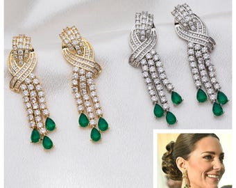 Princess Kate’s Tassel Parure Earrings 5A Cubic Zirconia & Emerald Doublets in 18k Gold Plated or Rhodium