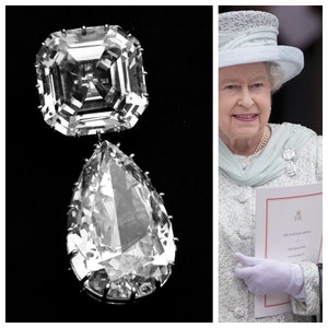 EXCLUSIVE Queen Elizabeths Cullinan III and IV Brooch Full Size Replica with Asscher & Pear Cut 5A Cubic Zirconia luxury Leather Gift Box zdjęcie 3