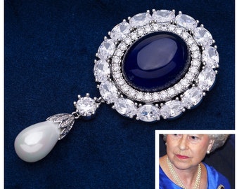 Empress Marie Feodorovna’s Sapphire Luxury Full Size EXCLUSIVE Brooch Replica with 5A Cubic Zirconia, Queen Elizabeth 11. (7.5 x 3.5cm)