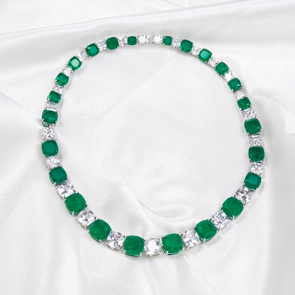 Simulated Brazilian Emerald and Diamond Replica Peacock Necklace, Graduated Cushion Cut 5A CZ Rhodium Plated