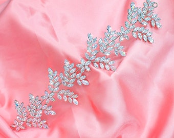 Bridal Hair Vine Set with Simulated Diamonds AAA Cubic Zirconia, Rhodium Plated Olive Branch Design.