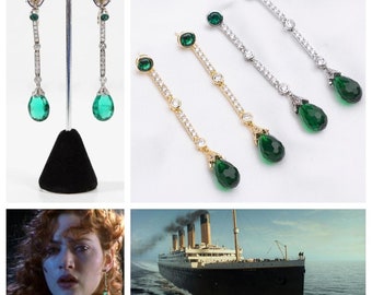 The Titanic Simulated Emerald Earrings reproductions, with green created crystal and 5A cubic zirconia