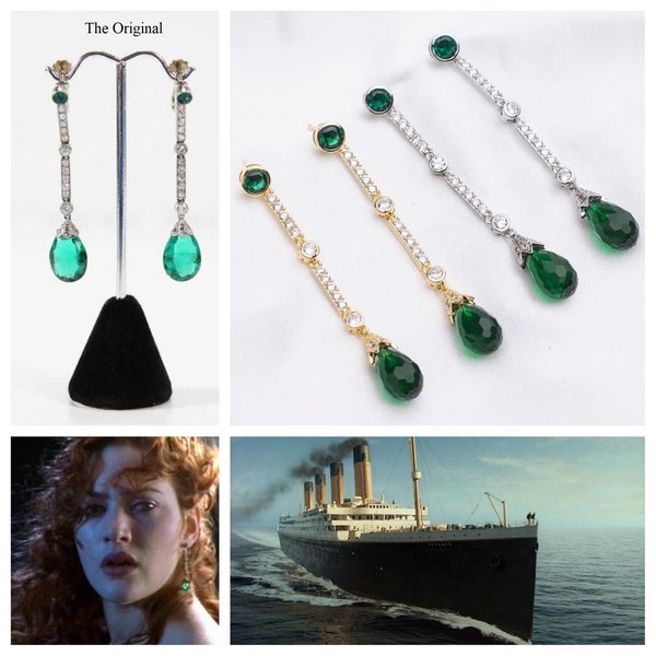 The Titanic Simulated Emerald Earrings reproductions, with green created crystal and 5A cubic zirconia