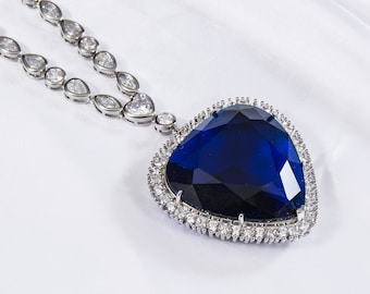 Titanic Heart of the Ocean Necklace + Pendant, Mega 55 Carat Blue Crystal & 5A Cubic Zirconias.