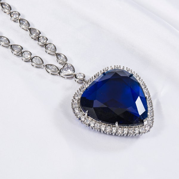 Titanic Heart of the Ocean Necklace + Pendant, Mega 55 Carat Blue Crystal & 5A Cubic Zirconias.