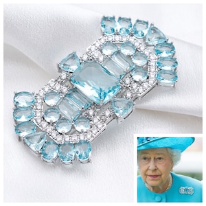 The Queen Mother’s Aquamarine Art Deco Brooch Replica with Created Crystal and 5A Cubic Zirconia