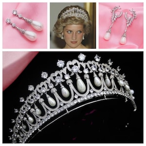 Tiara con nudo de Cambridge y pendientes de perla de los mares del Sur o Collingwood, conjunto de tiara nupcial de princesa de Gales con circonita cúbica 5A
