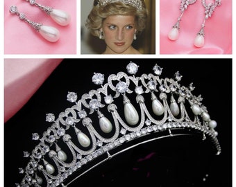 Cambridge Lovers Knot Tiara & South Sea Pearl or Collingwood Earring replicas Bridal Tiara Princess of Wales set with 5A Cubic Zirconia