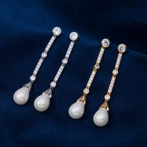 1920s Art Deco Pearl Titanic Earrings, with 5A cubic zirconia and Shell Pearls. In Rhodium Or 18k Gold Plated