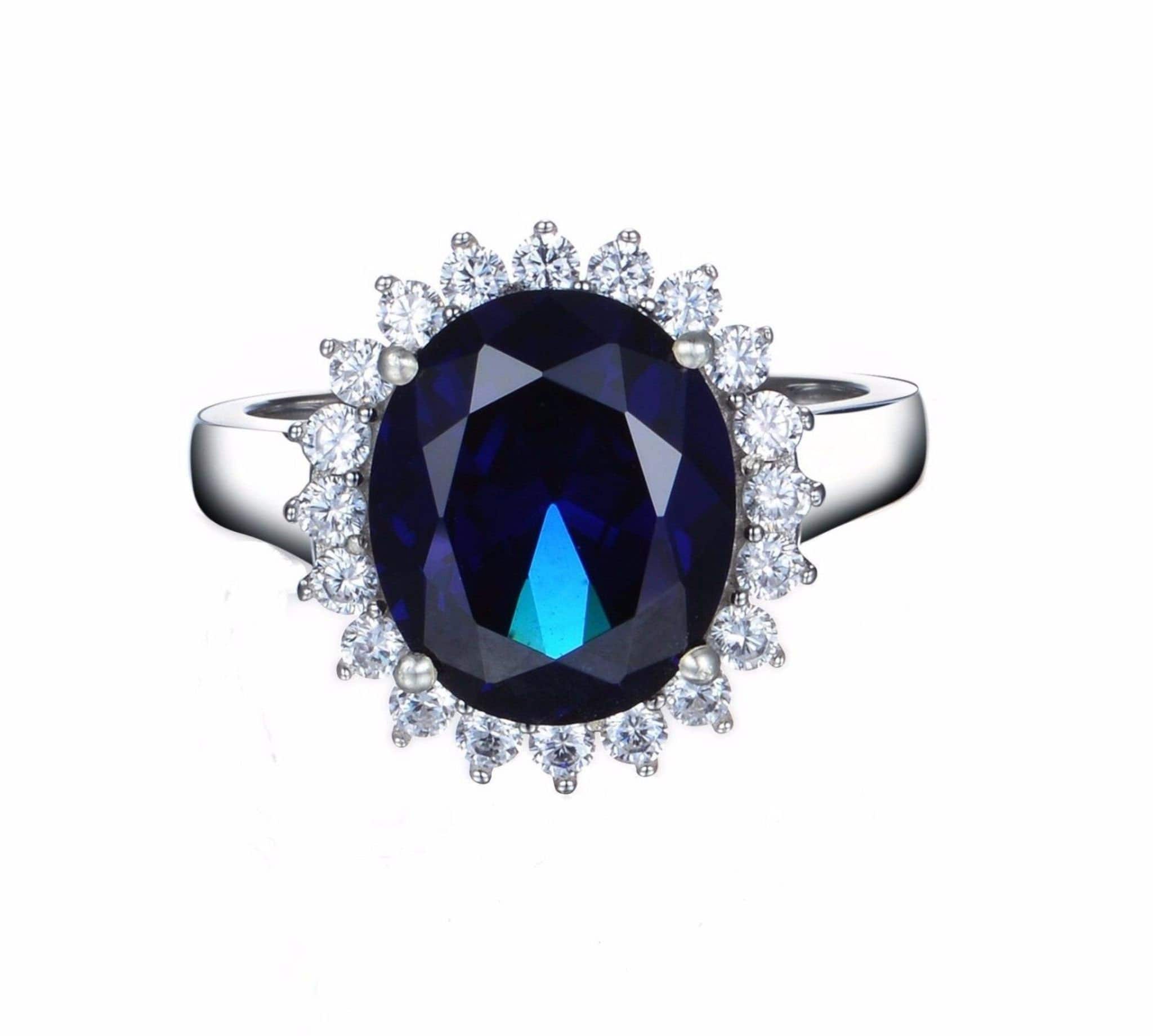 Zirconi Anello Oro Bianco Blu Ovale Principessa Di Kate Qualità Argento