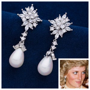 Princess Diana’s Qatar Pearl Earrings Reproduction with 5A Cubic Zirconias & Shell Pearls, in Rhodium or Gold