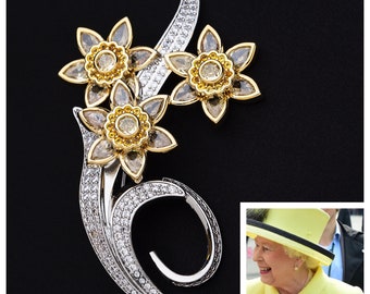 Koningin Elizabeth's Welsh Daffodil FULL SIZE Luxe diamanten jubileum nationaal embleem broche reproductie