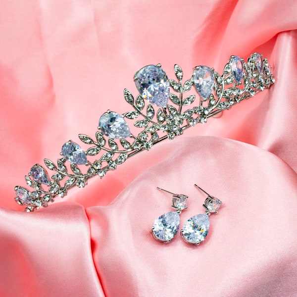 Tiara nuziale Ramo d'ulivo in piena fioritura Design Con zirconi 3A e cristalli austriaci Placcato in rodio e opzione orecchini