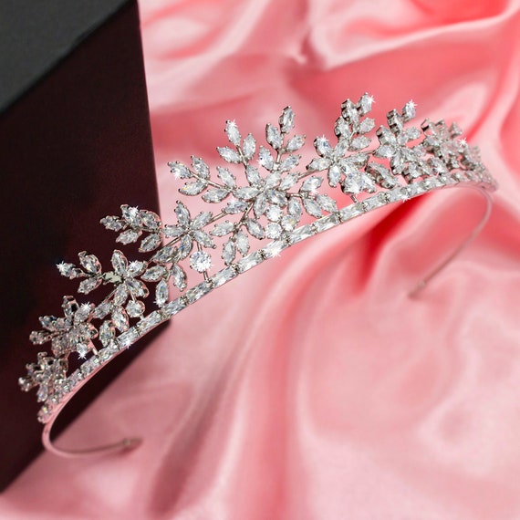 Floral CZ Wedding Tiara Platinum Silver Plated Bridal Crown