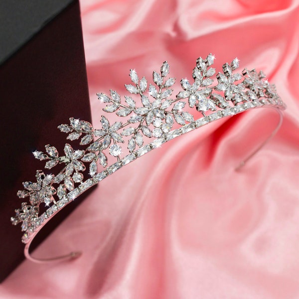 Bridal Tiara Wild flower Design Royal Wedding With 3A Cubic Zirconia Simulated Diamonds Rhodium Plated