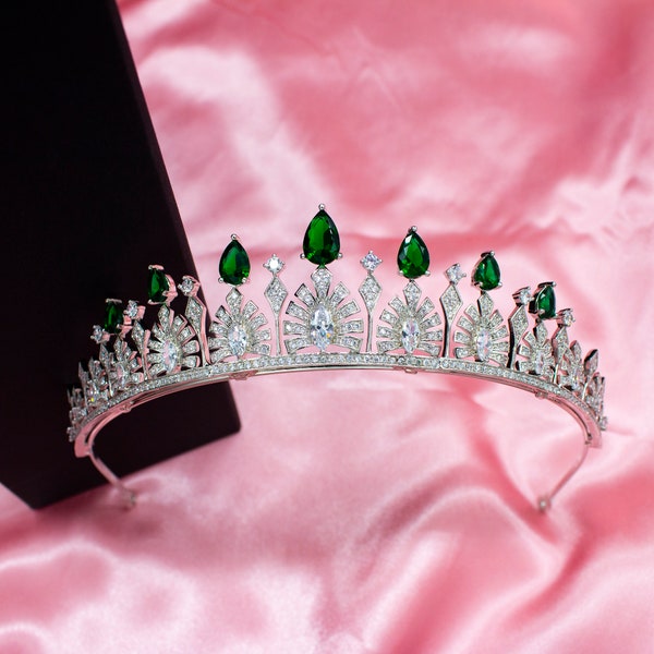 Bridal Tiara Princess Sofia of Sweden Royal Wedding With 3A Cubic Zirconia Rhodium Plated  With simulated Emerald Accents