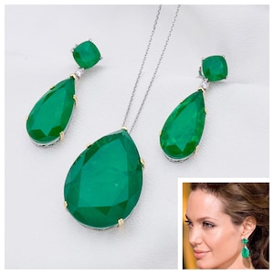 Big Brazilian Emerald Doublet Dangle Drop Earrings Austrian Crystal in Solid 925 Sterling Silver & 18k gold Accents, Angelina Jolie inspired