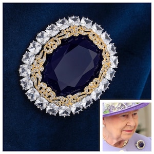 Empress Marie Feodorovna Sapphire Cluster Brooch Replica with 5A Cubic Zirconias, Lab Created Blue Crystal with Luxury leather gift box