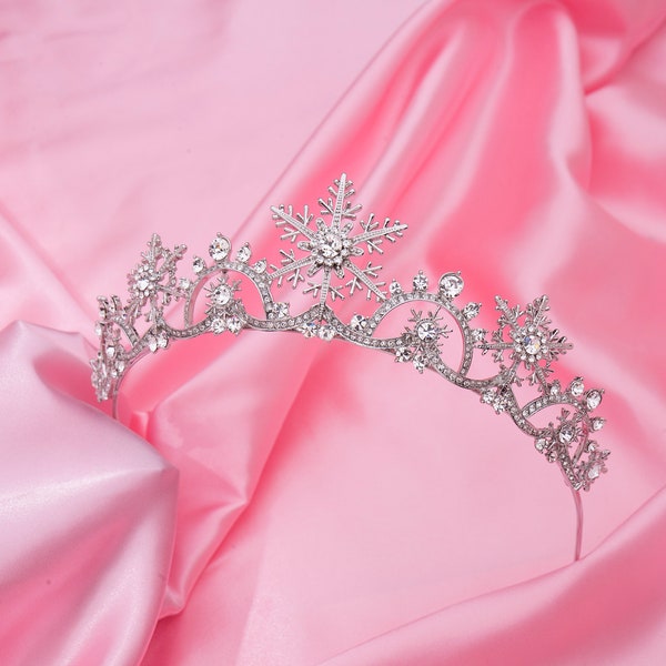 Snowflake Tiara with Simulated Frozen Sparkling Ice Crystals & Snowflakes, Rhodium Plated.