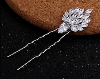 Exclusive Simulated Diamond (Cubic Zirconia)marquise berry Bridal Hair Pin rhodium plated