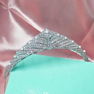 Bridal Tiara Sara Elegant Kokoshnik Style with 5A Cubic Zirconias and Shell Pearls, Rhodium Plated