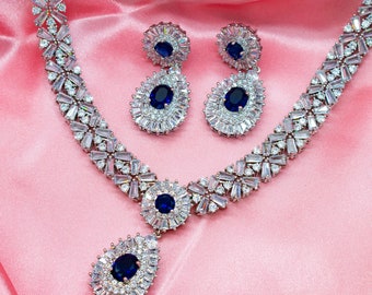 Glamorous Simulated Sapphire and Diamond Necklace and Earrings Set. Rhodium Plated and 5A Cubic Zirconia