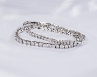 Tennis Bracelet Princess cut, square Simulated 3 or 4mm Diamonds Rhodium Plated 925 solid Sterling Silver Riviera Style,