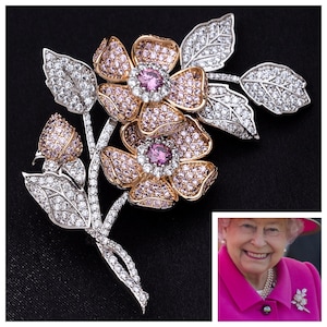 Queen Elizabeth’s English Rose Brooch 5A CZ, Rhodium & 18k Champagne Gold Plated England’s National Emblem Luxury Leather Gift Box