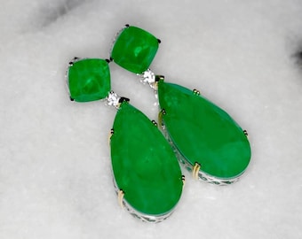 Big Brazilian Emerald Doublet Dangle Drop Earrings Austrian Crystal in Solid 925 Sterling Silver & 18k gold Accents, Angelina Jolie inspired