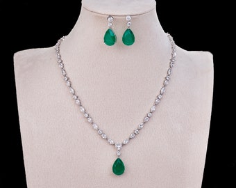 Exclusive New Luxury Rhodium Plated jewellery set with 5A Cubic Zirconia and Large Emerald Doublets