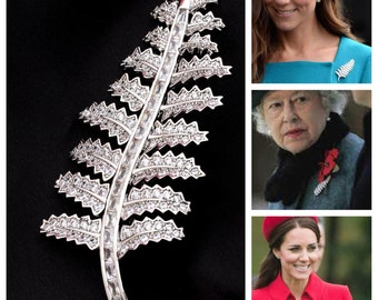 Royal New Zealand Commonwealth Fern Leaf Brooch Encrusted With Simulated Diamonds 5A CZ, LUXURY EXCLUSIVE Triple Rhodium plated