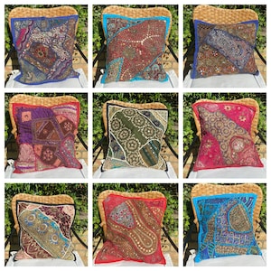 Fundas de cojín con lentejuelas y cuentas decorativas hechas a mano, tradicionales de la India, de 16 x 16 pulgadas, sin cierre de cremallera