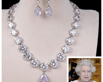Queen Victoria’s Coronation Necklace & Earrings Set Reproduction with 5A Cubic Zirconia.