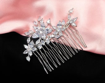 Bridal Hair Comb with Simulated Diamonds Cubic Zirconias wild Flower Spray Rhodium plated, multi buy savings for your bridesmaids gifts