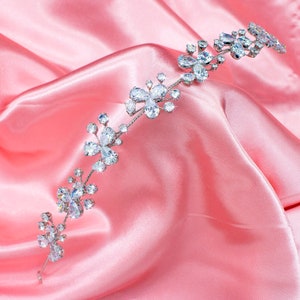 Bridal Hair Vine set with Simulated Diamonds AAA Cubic Zirconia, Rhodium Plated Pansy chain design.