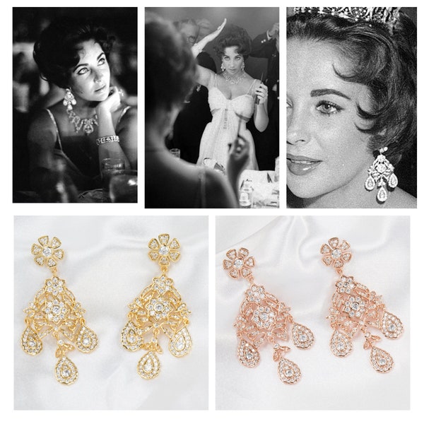 GIRANDOLE EARRINGS Elizabeth Taylor, Gorgeous dangle drop set with simulated Diamonds CZ, in 18k yellow, rose gold Plated