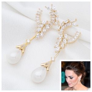 Princess of Wales South Sea Shell Pearl Drop Earrings Reproduction With MultiShape Simulated Diamonds 5A CZ, 18k Gold  plated