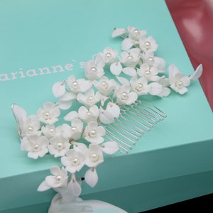 Porcelain Flowers Bridal Hair Comb Ellen with Simulated Pearl Buds set on a Rhodium Plated Silver Coloured Comb
