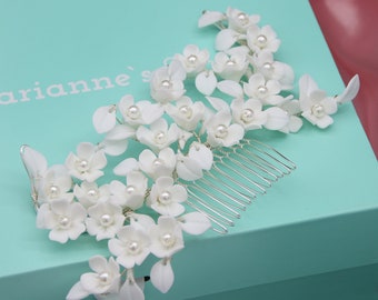 Porcelain Flowers Bridal Hair Comb Ellen with Simulated Pearl Buds set on a Rhodium Plated Silver Coloured Comb