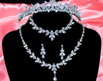 Bridal Tiara, Lily Design With simulated diamonds AAA Cubic Zirconias, Rhodium Plated