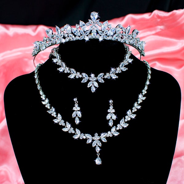 Bridal Tiara, Lily Design With simulated diamonds AAA Cubic Zirconias, Rhodium Plated