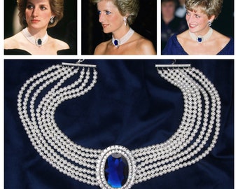 Princess Diana’s 7 Row Genuine Shell Pearl Simulated Sapphire & Diamond Choker Necklace Reproduction 5A Cubic Zirconia + Created Crystal.