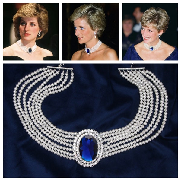 Princess Diana’s 7 Row Genuine Shell Pearl Simulated Sapphire & Diamond Choker Necklace Reproduction 5A Cubic Zirconia + Created Crystal.