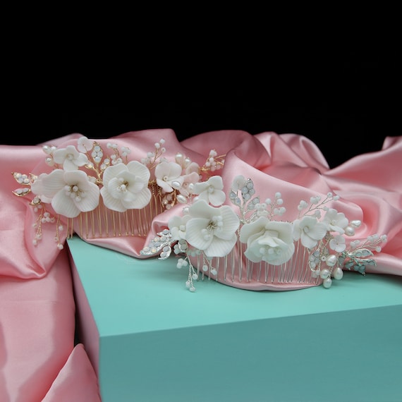 Pink and White Floral Hair Comb with Diamonds + Pearl Accents Flower Hair Comb Hand-crafted With Beautiful White Flowers  main image 2
