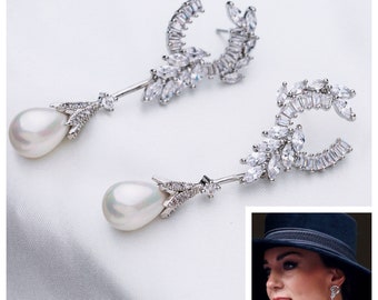 Pendientes colgantes de perlas de concha del Mar del Sur de Princesa de Gales, reproducción con diamantes de imitación multiforma 5A CZ, chapados en rodio