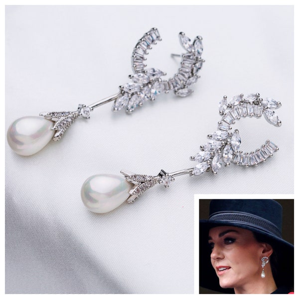Princess of Wales South Sea Shell Pearl Drop Earrings Reproduction With MultiShape Simulated Diamonds 5A CZ, Rhodium plated