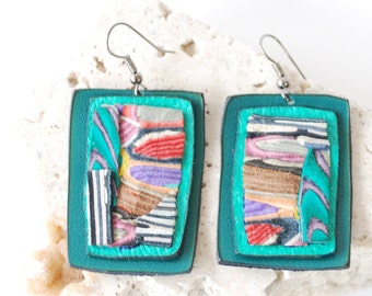 Leather Earrings with detailed cross sections - Green & Vibrant