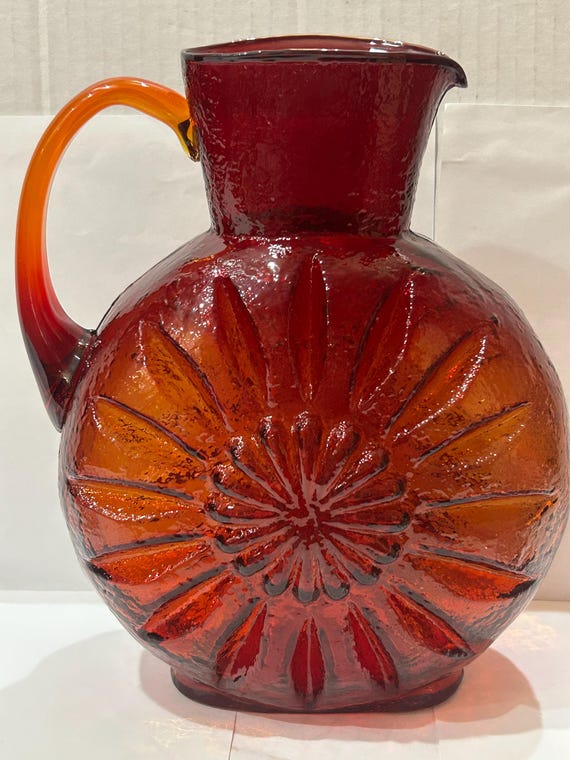 Vintage Kanawha Amberina Glass Sunflower Pitcher Vase With Handle